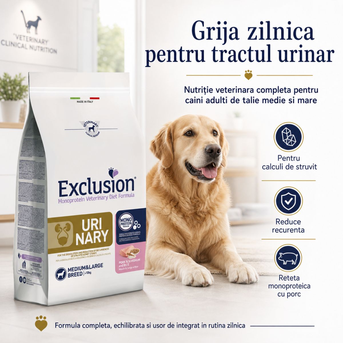 EXCLUSION Monoprotein Veterinary Diet Formula Urinary, M-XL, Porc, dietă veterinară, hrană uscată monoproteică câini, sistem urinar, 12kg - imagine 4